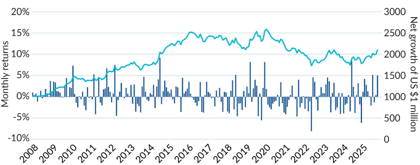 A chart showing monthly returns as blue bars and cumulative net growth as a turquoise line. Monthly returns vary between roughly –10% and +10%, while the cumulative line rises early, peaks above 2500, dips, and ends near 2000.