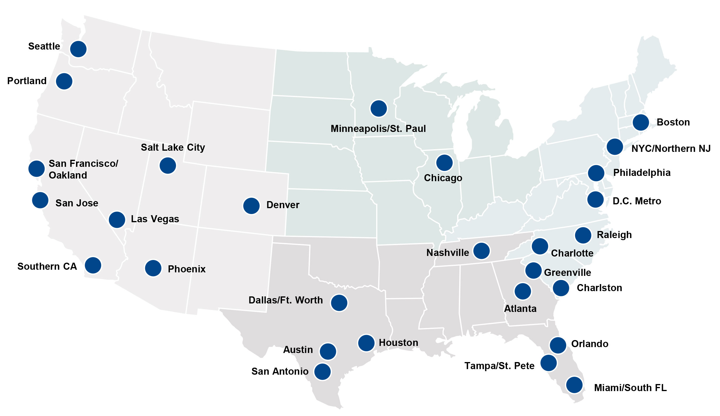Map of the United States showing various major metropolitan areas marked with blue dots. Labeled cities include Seattle, Portland, San Francisco/Oakland, San Jose, Southern California, Salt Lake City, Las Vegas, Phoenix, Denver, Dallas/Fort Worth, Austin, San Antonio, Houston, Minneapolis/St. Paul, Chicago, Nashville, Atlanta, Greenville, Charlotte, Raleigh, Charleston, Tampa/St. Pete, Orlando, Miami/South Florida, D.C. Metro, Philadelphia, NYC/Northern New Jersey, and Boston