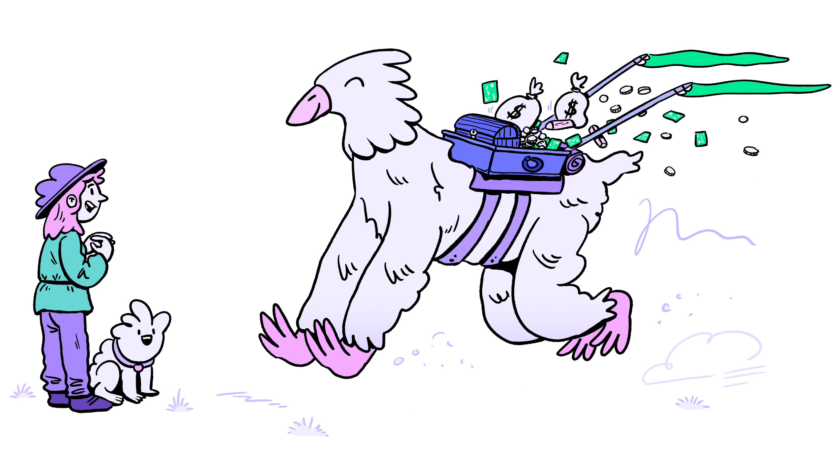 A giant bird carrying a chest of rewards to a waiting customer and her dog