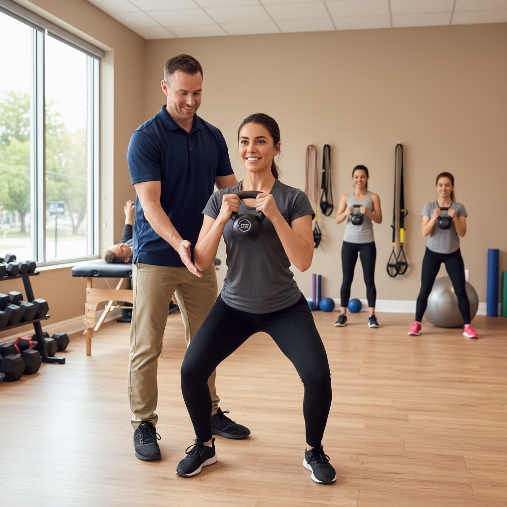 An active individual, possibly an athlete, performs a challenging functional strength exercise, such as a kettlebell swing or a squat with dumbbells, showcasing excellent form. The environment suggests a gym or a physical therapy clinic, emphasizing performance enhancement.