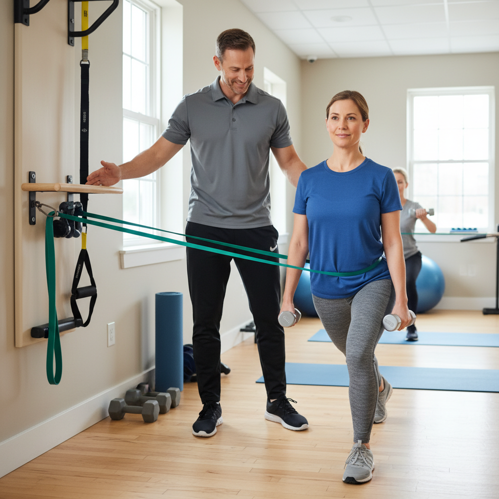 Patient performing strength exercise with physical therapist guidance during rehabilitation session in Philadelphia