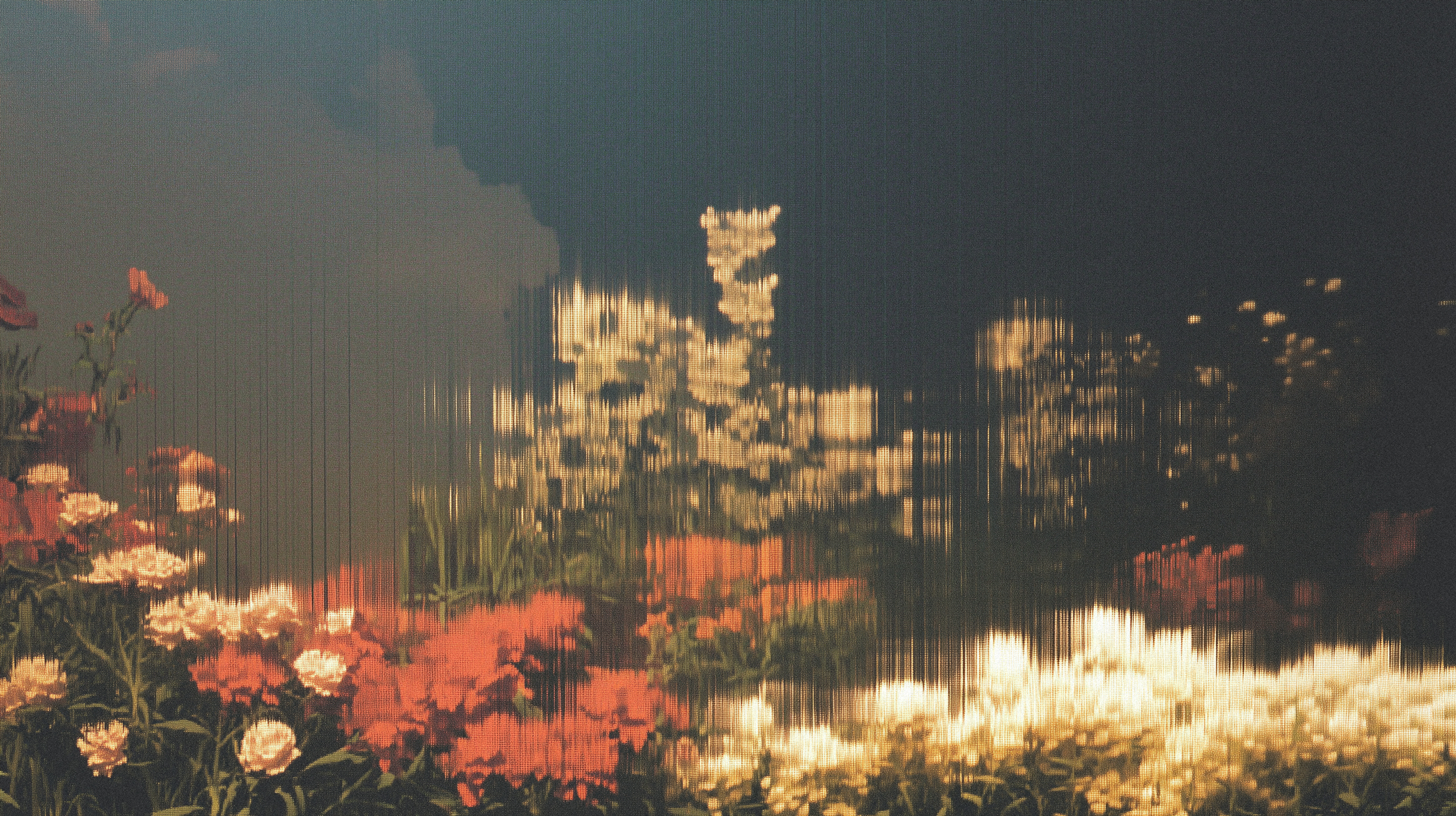 A dreamy image of red, white, and cream flowers with a mild streaky distortion affect applied.