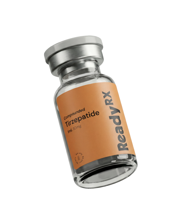 Glass medical treatment prescription vial with an orange label and black text saying Tirzepatide with white text of the company name which is ReadyRx