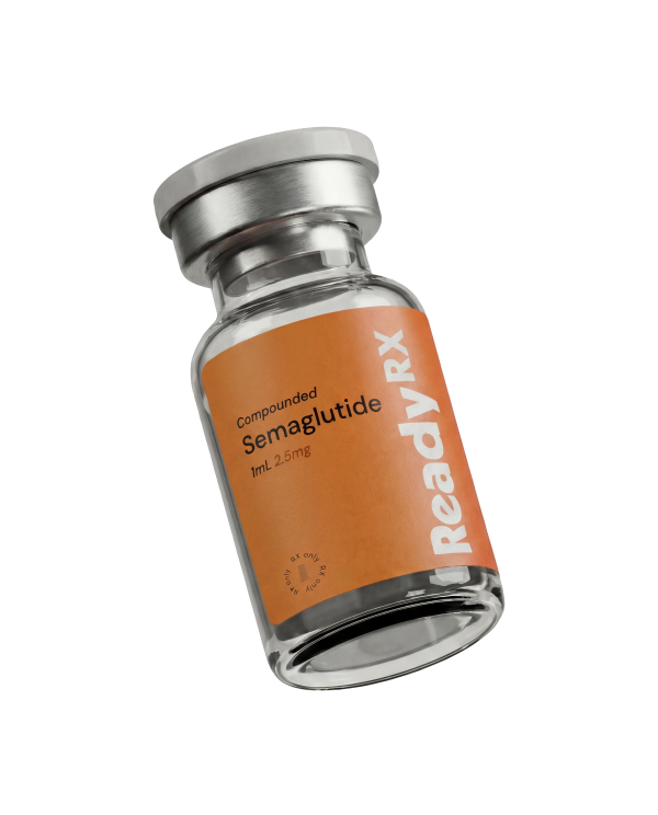 Glass medical treatment prescription vial with an orange label and black text saying Semaglutide which is the prescription title with white text of the company name which is ReadyRx