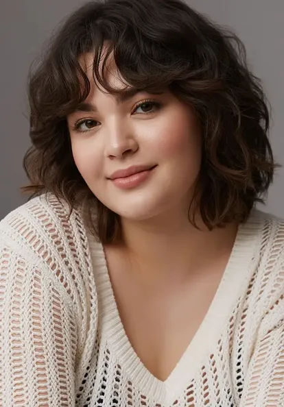 Portrait of woman with dark wavy bob hairstyle wearing cream knit cardigan against gray background