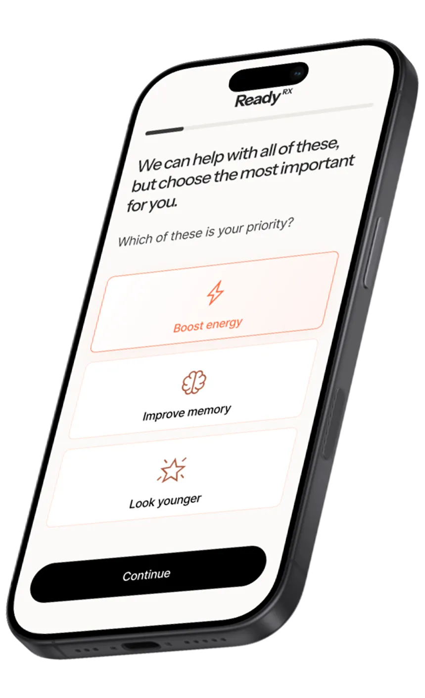 Phone screen shows ReadyRx app asking to choose priority: boost energy, improve memory, or look younger.