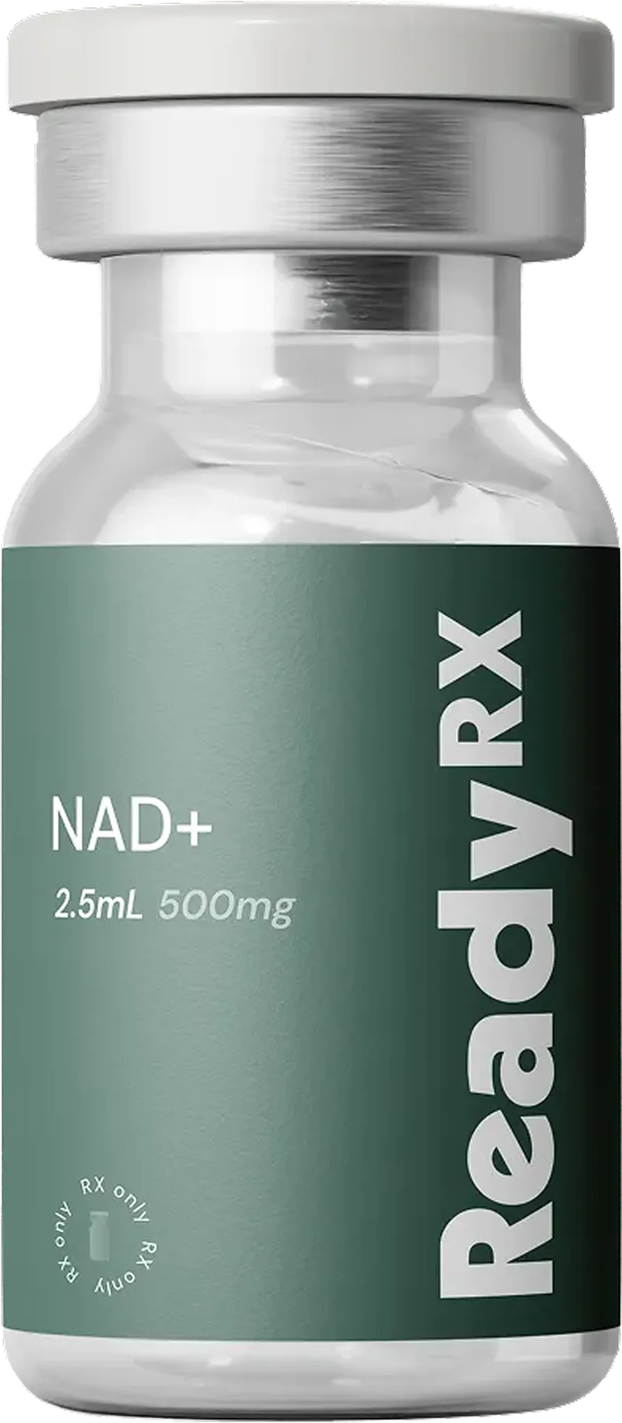 Small vial labeled ReadyRX NAD+ 2.5mL 500mg with metal cap on a transparent bottle.