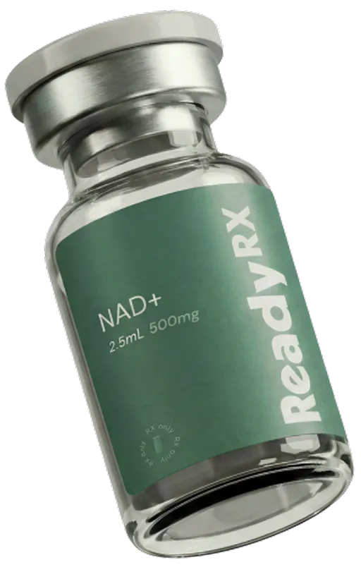 Medical vial of ReadyRx NAD+ 2.5mL 500mg with metal cap and green label