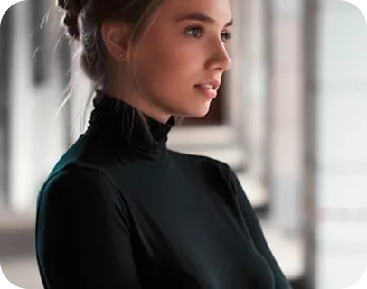 Woman in black turtleneck looking over shoulder in bright interior space