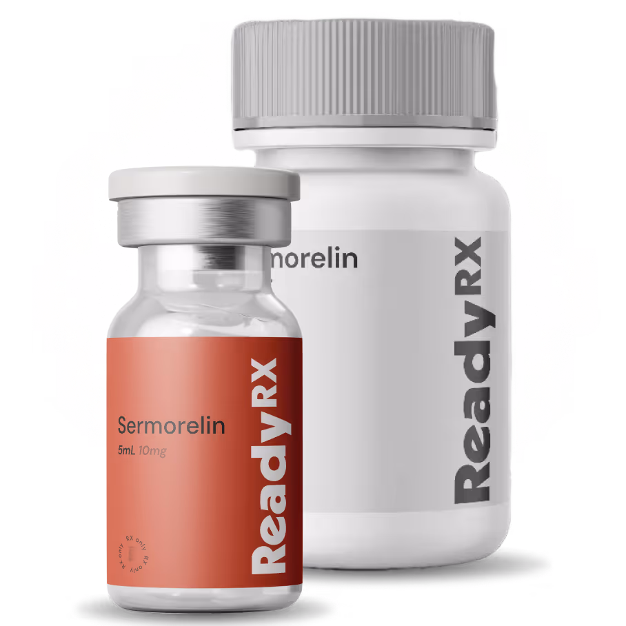 Two medication containers labeled Sermorelin and ReadyRX with dosage details on the smaller bottle.