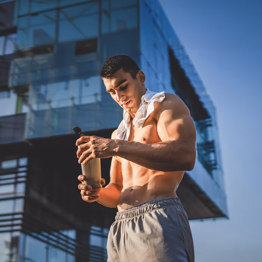 Shirtless muscular man with towel on shoulders holding a shaker bottle outside near a modern glass building.