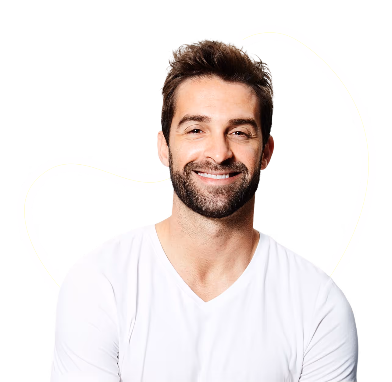 Smiling man with short brown hair and beard wearing a white V-neck shirt on black background.