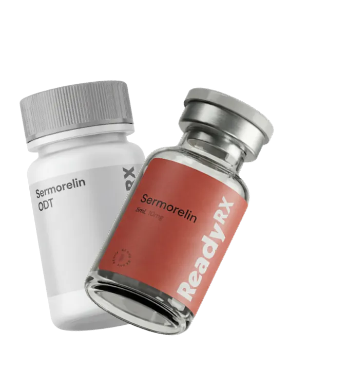 Two Sermorelin medicine containers: one white bottle and one clear vial with red label ReadyRx.