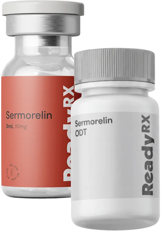 Two medicine bottles labeled Sermorelin and ReadyRx, one with 5mL 10mg and one with ODT.