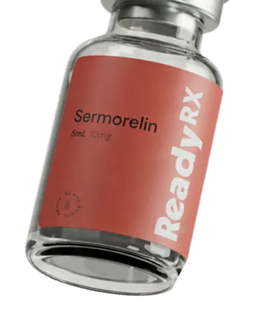 Glass vial labeled Sermorelin with 5ml 10mg dosage and ReadyRx branding.