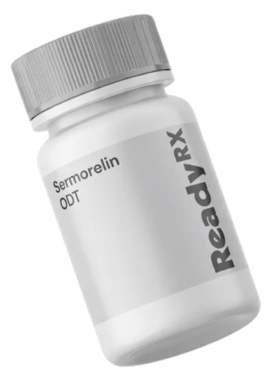 White medicine bottle labeled Sermorelin ODT and ReadyRx with a gray screw cap.