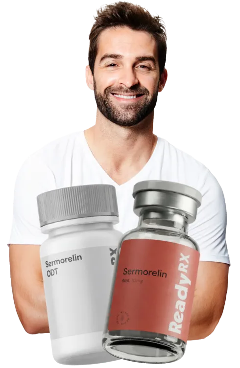 Smiling man in white shirt with two Sermorelin product containers in front of him.