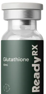 Clear glass vial of Glutathione 10mL with green ReadyRx label and silver cap.