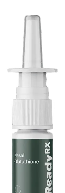 Nasal glutathione bottle with green label and white application nozzle