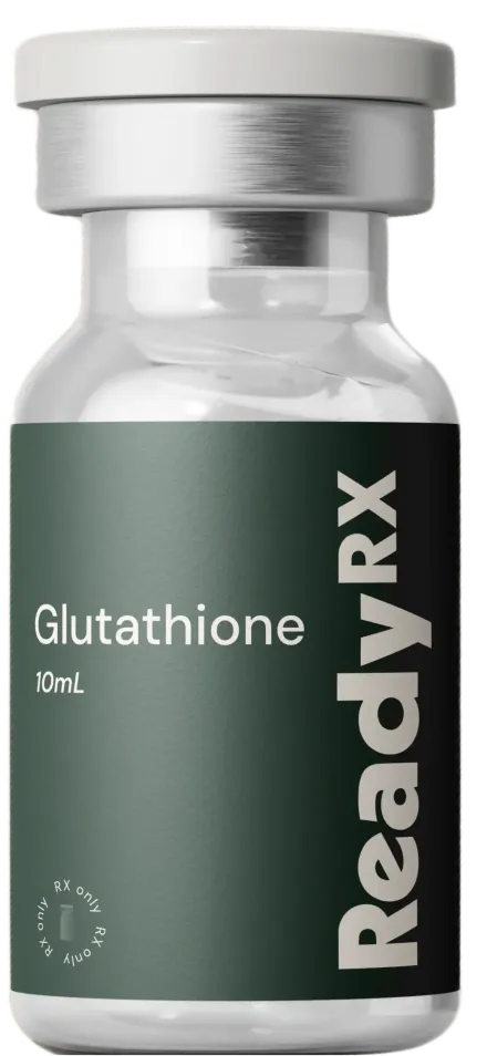 A 10mL glass vial of Glutathione by ReadyRx with a silver cap and green label.