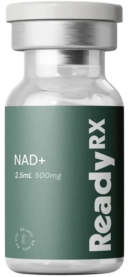 Glass vial of ReadyRx NAD+ supplement, 2.5mL 500mg injection bottle with metal cap