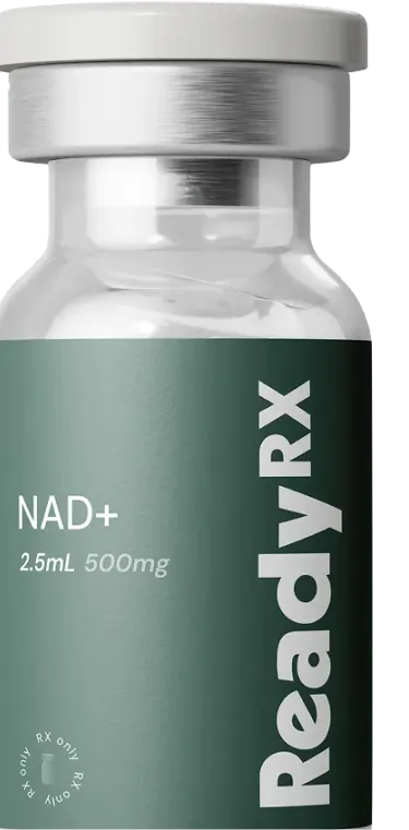 NAD+ injection vial labeled Ready VRX, 2.5mL 500mg dose with silver cap