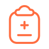 Orange clipboard icon with medical cross and horizontal line symbols