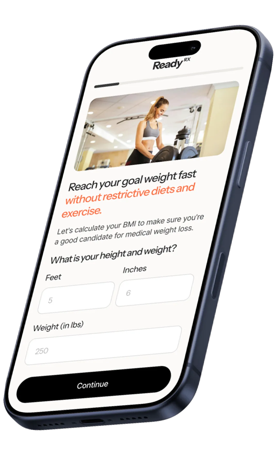 ReadyRx app interface showing BMI calculator with height and weight input fields for medical weight loss