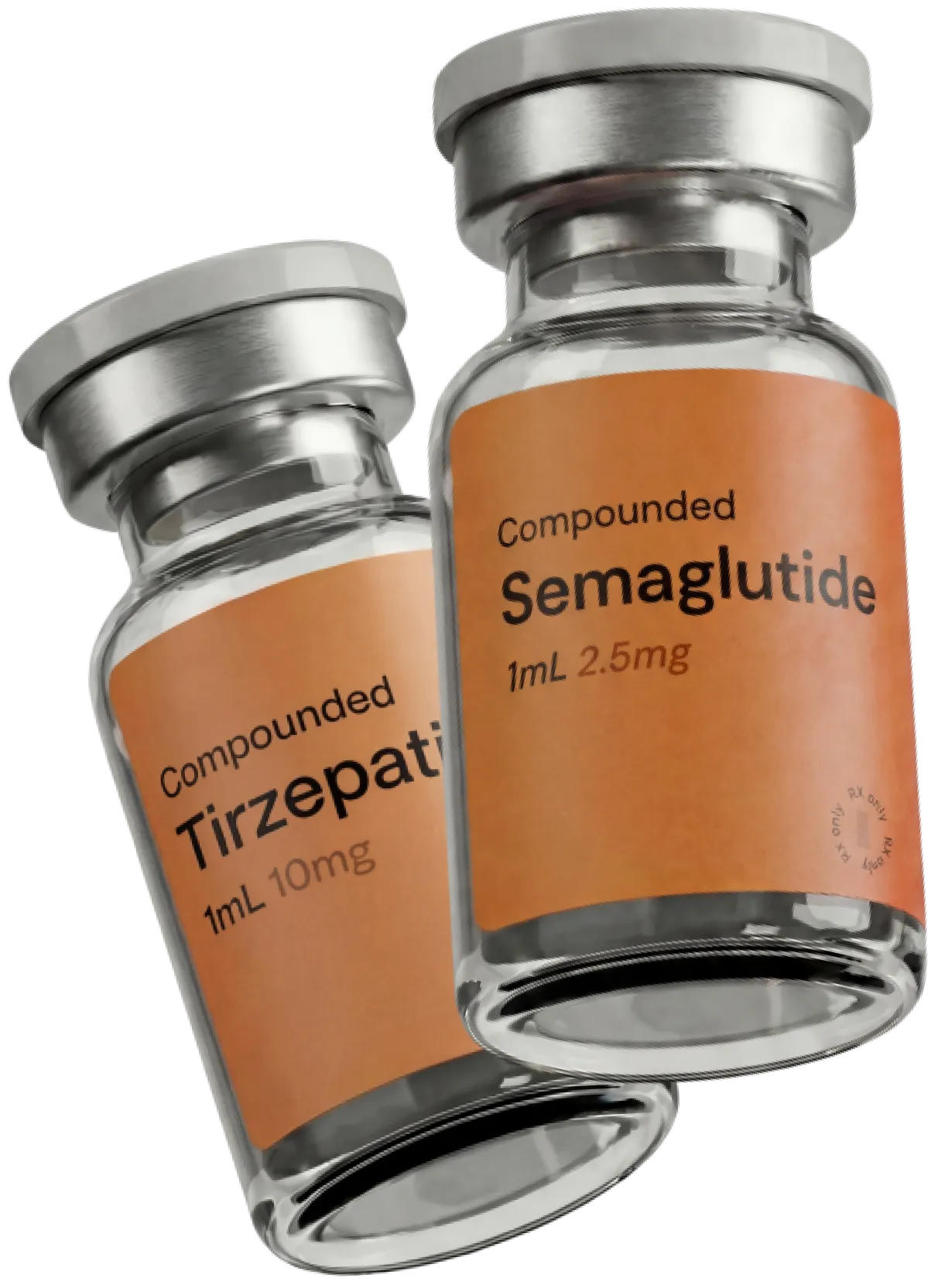 Two glass vials of compounded Tirzepatide 10mg and Semaglutide 2.5mg medications