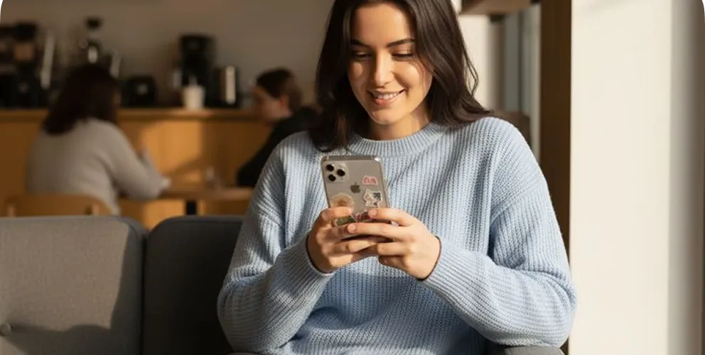 Woman in blue sweater smiling while using smartphone in modern café interior