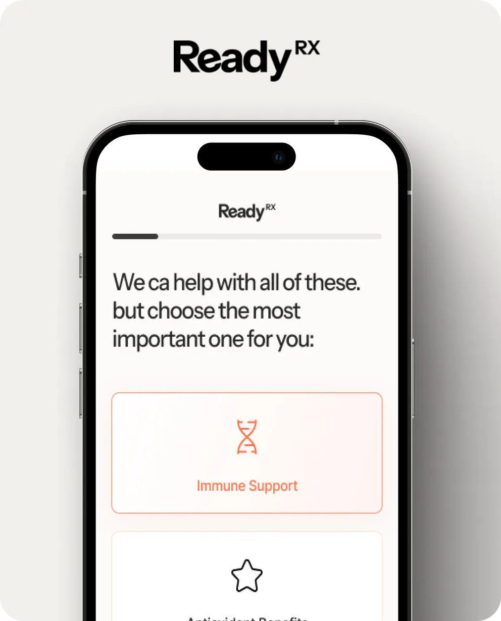ReadyRx app interface showing healthcare options with Immune Support highlighted on smartphone screen.