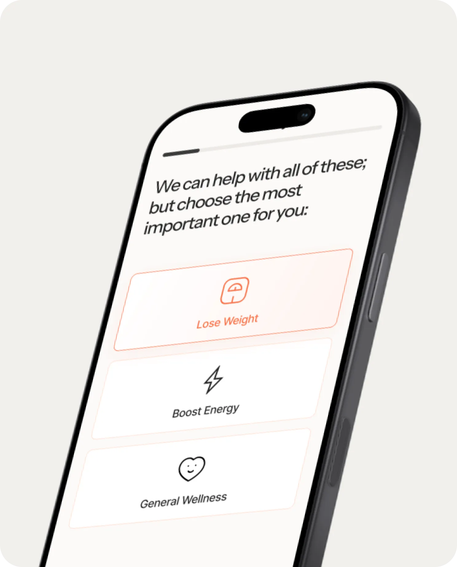 Smartphone displaying wellness app with Lose Weight, Boost Energy, and General Wellness options.