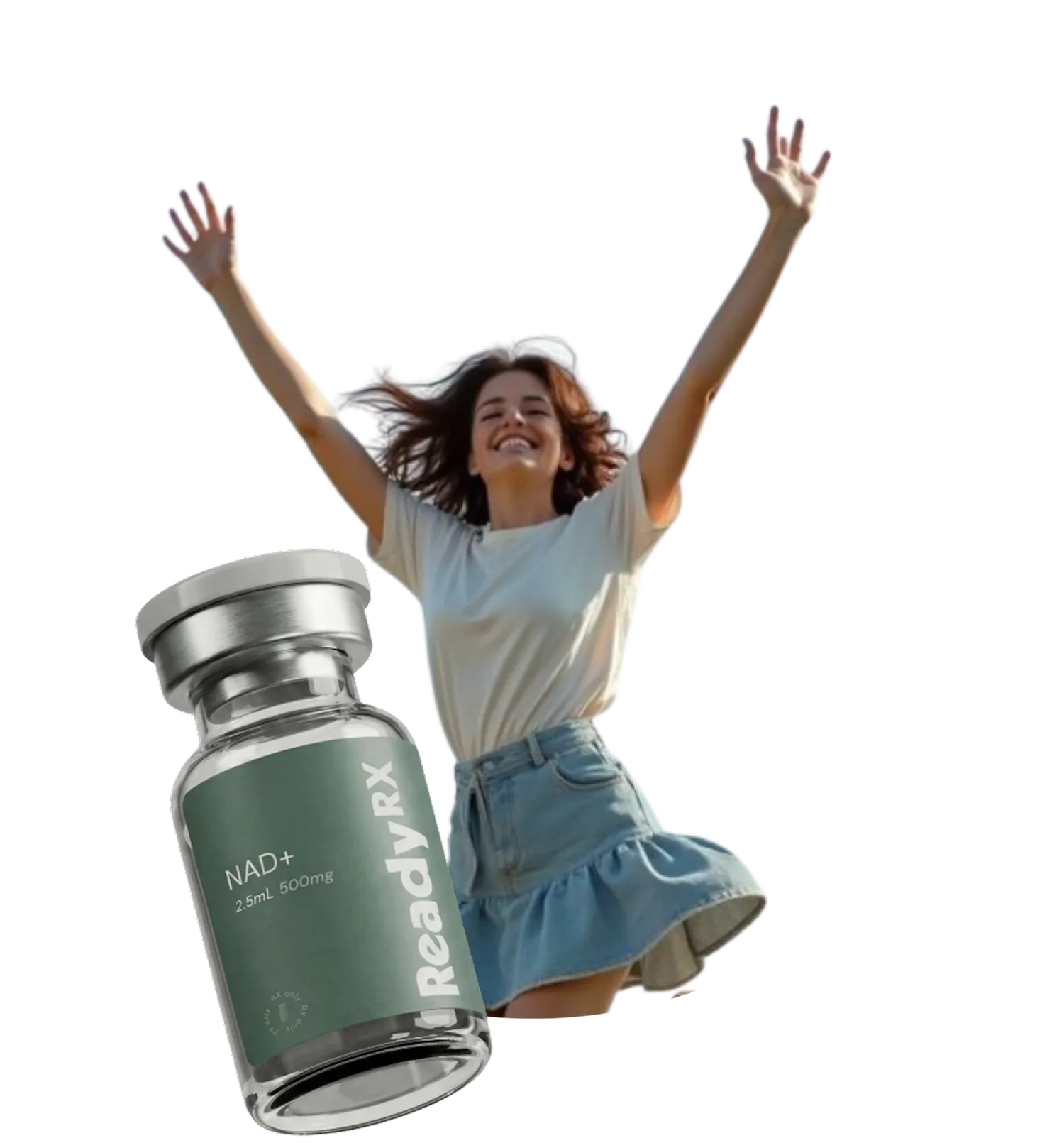 Woman celebrating with arms raised next to NAD+ supplement bottle product shot