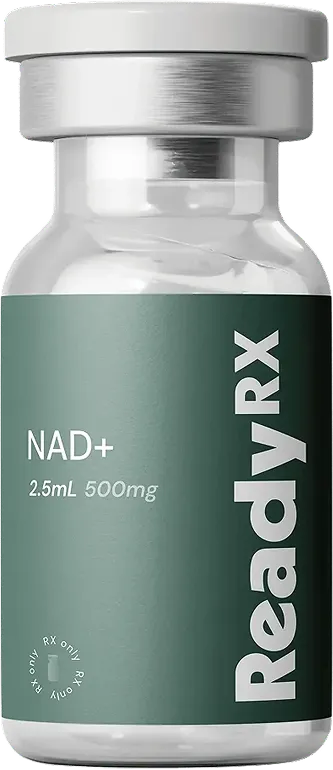 Glass vial of ReadyRx NAD+ supplement, 2.5mL 500mg dose with metal cap