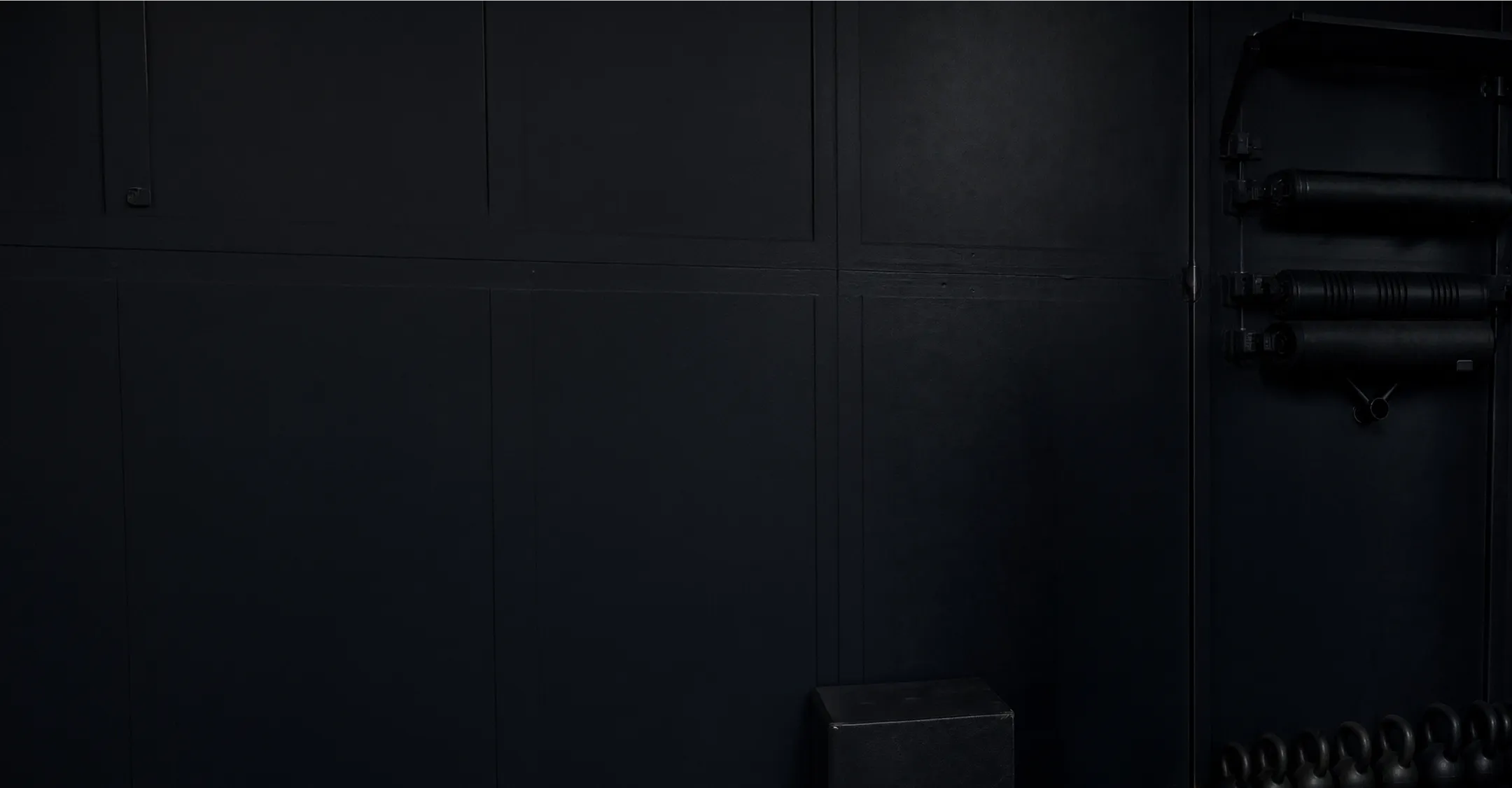 Dark interior space with paneled walls and electrical equipment on right side
