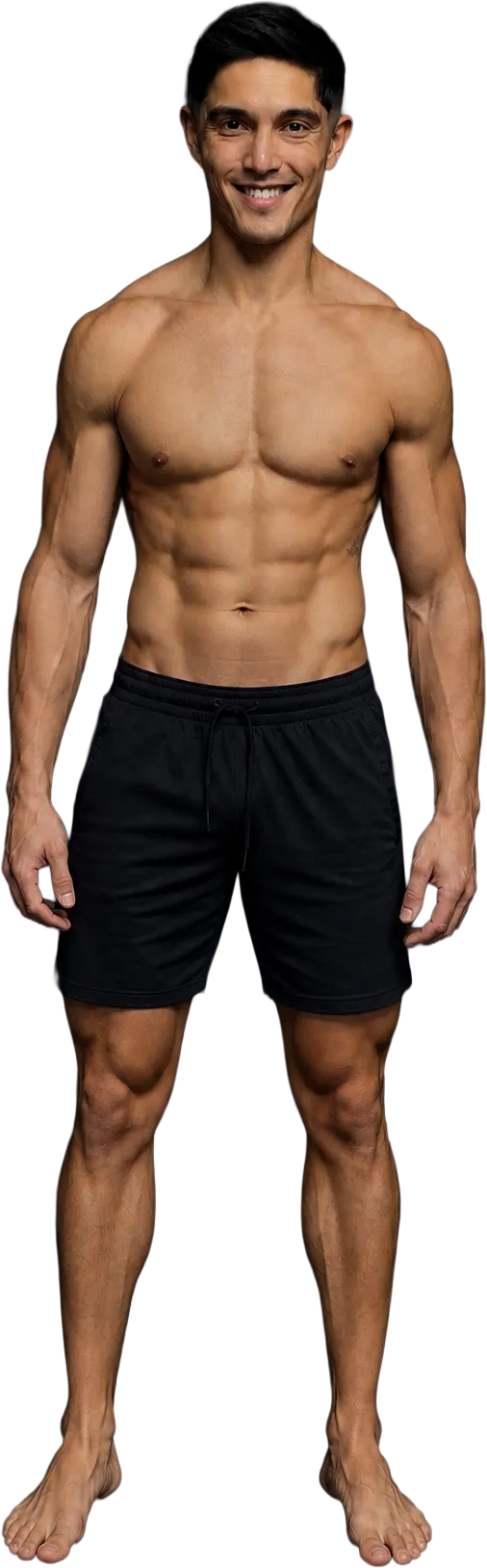 Smiling athletic man with muscular build wearing black shorts
