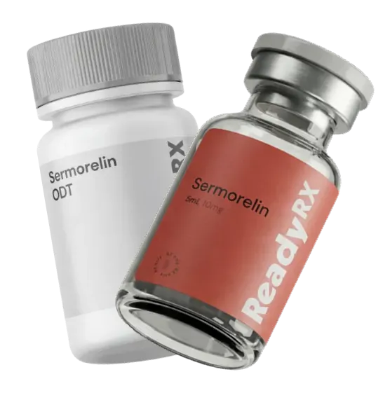 Two Sermorelin medicine containers: one white bottle and one clear vial with red label ReadyRx.