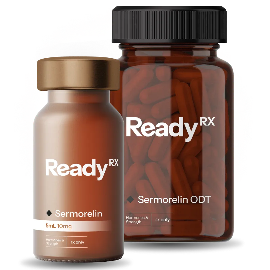 Two brown ReadyRx medication bottles containing Sermorelin for hormone and strength treatment