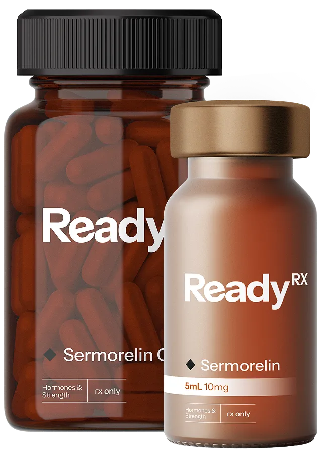 Two brown bottles of ReadyRx Sermorelin supplement, one larger with black cap, one smaller with gold cap.
