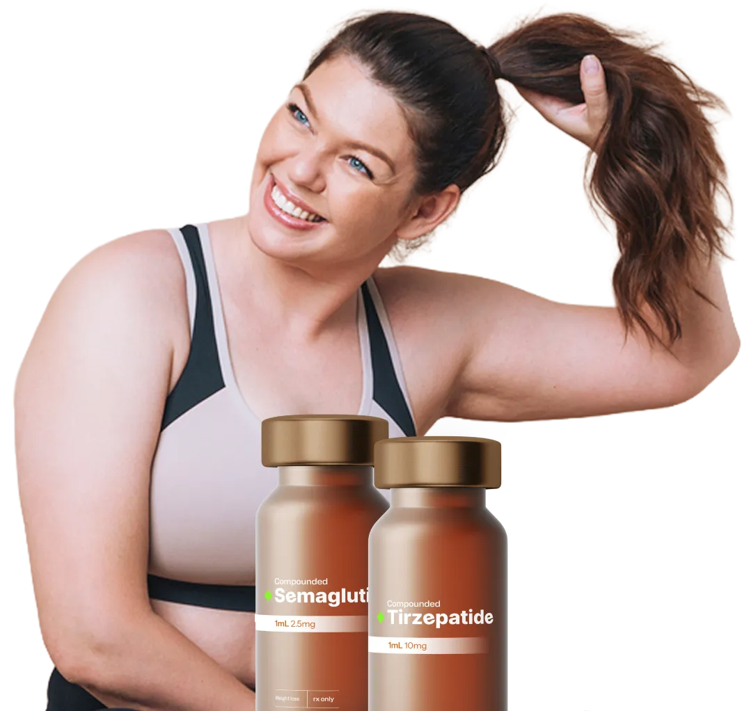 Woman in sports bra flexing arm muscle with semaglutide and tirzepatide injection vials below