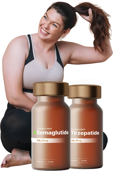 Woman in athletic wear posing with semaglutide and tirzepatide supplement bottles