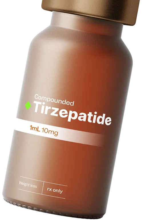 Compounded Tirzepatide 1mL 10mg prescription medication bottle for weight loss