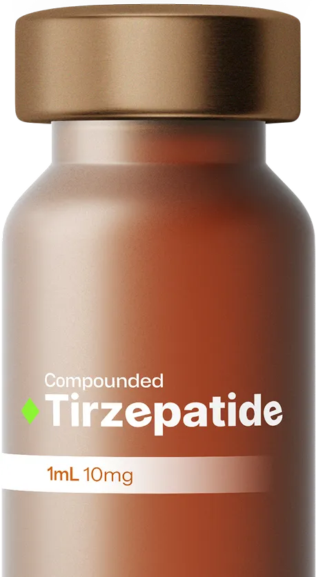 Compounded Tirzepatide medication bottle, 1mL 10mg, with bronze cap