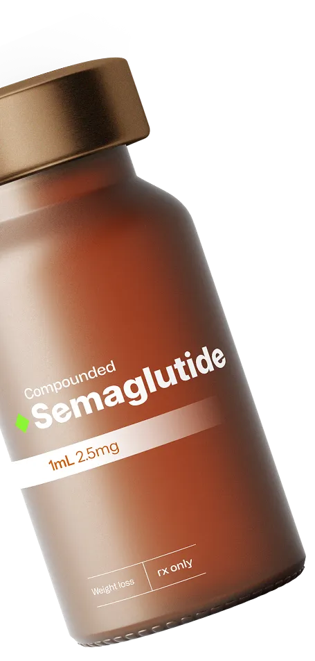 Brown glass bottle of Compounded Semaglutide 1mL 2.5mg with bronze cap, prescription medication.