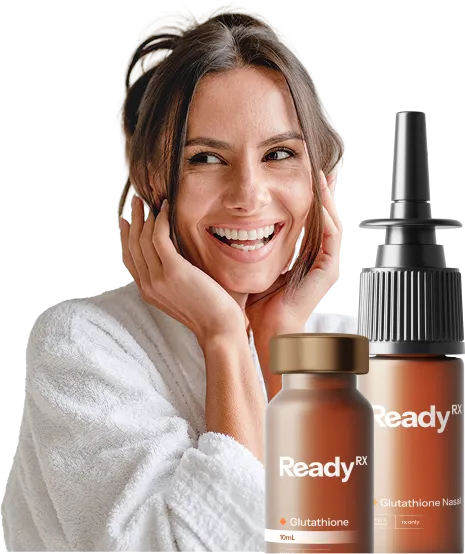 Smiling woman holding face next to Glutathione vial and nasal spray bottles.