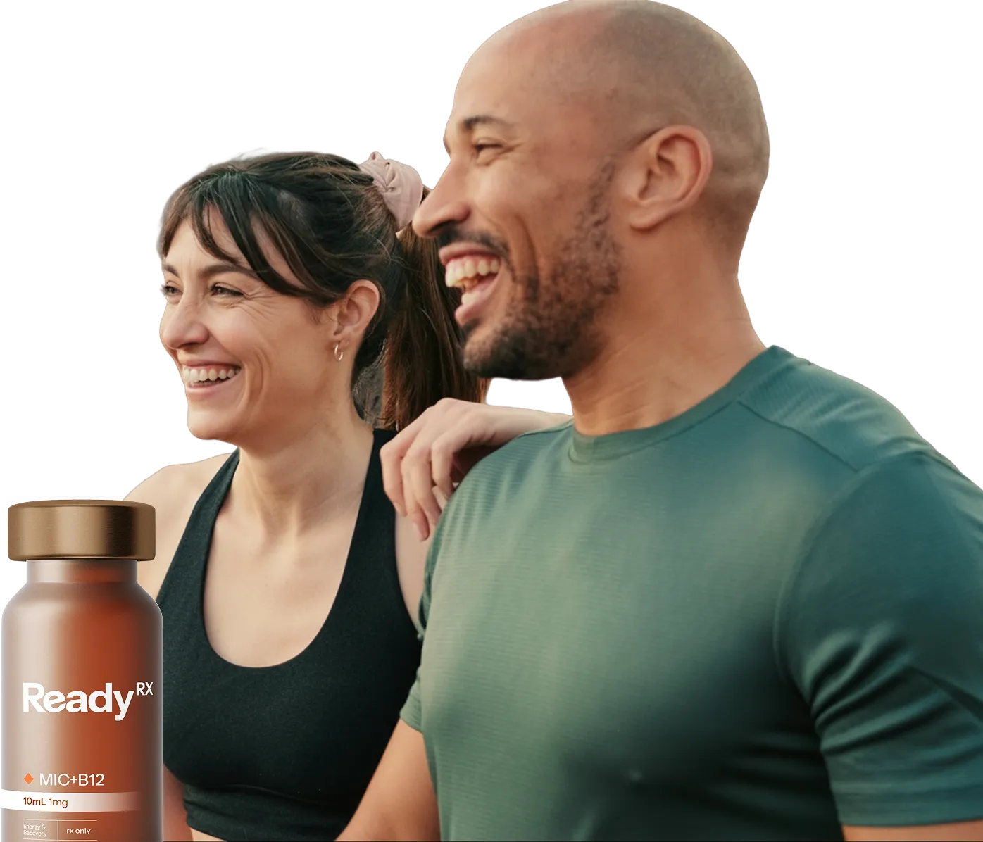 Happy couple laughing together with ReadyRx supplement bottle nearby