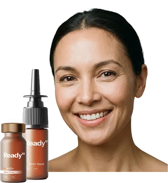 Woman smiling with NAD+ nasal spray and vial products displayed