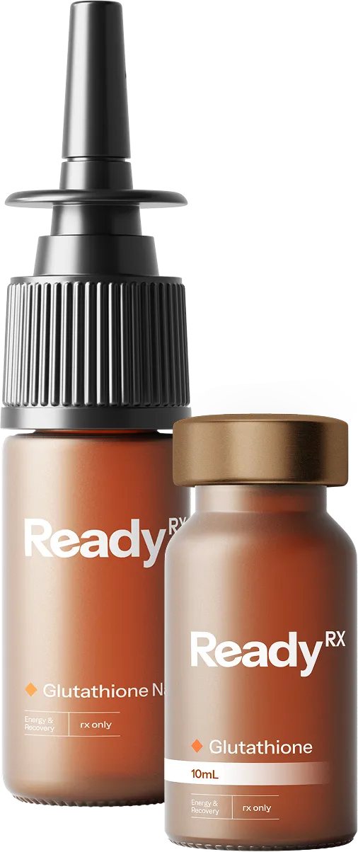 ReadyRx glutathione nasal spray and supplement bottles for energy recovery