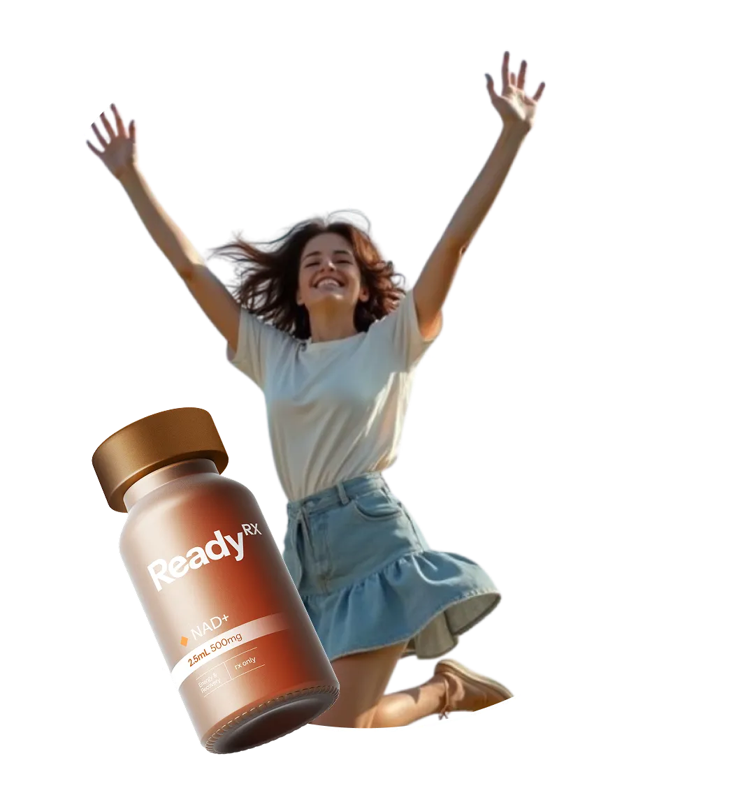 Happy woman jumping with arms raised beside ReadyRx supplement bottle