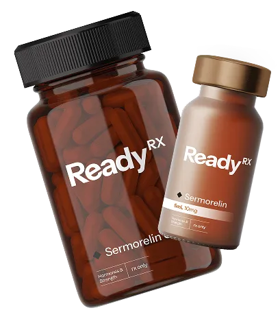 Two brown ReadyRx Sermorelin supplement bottles with black and gold caps displayed together